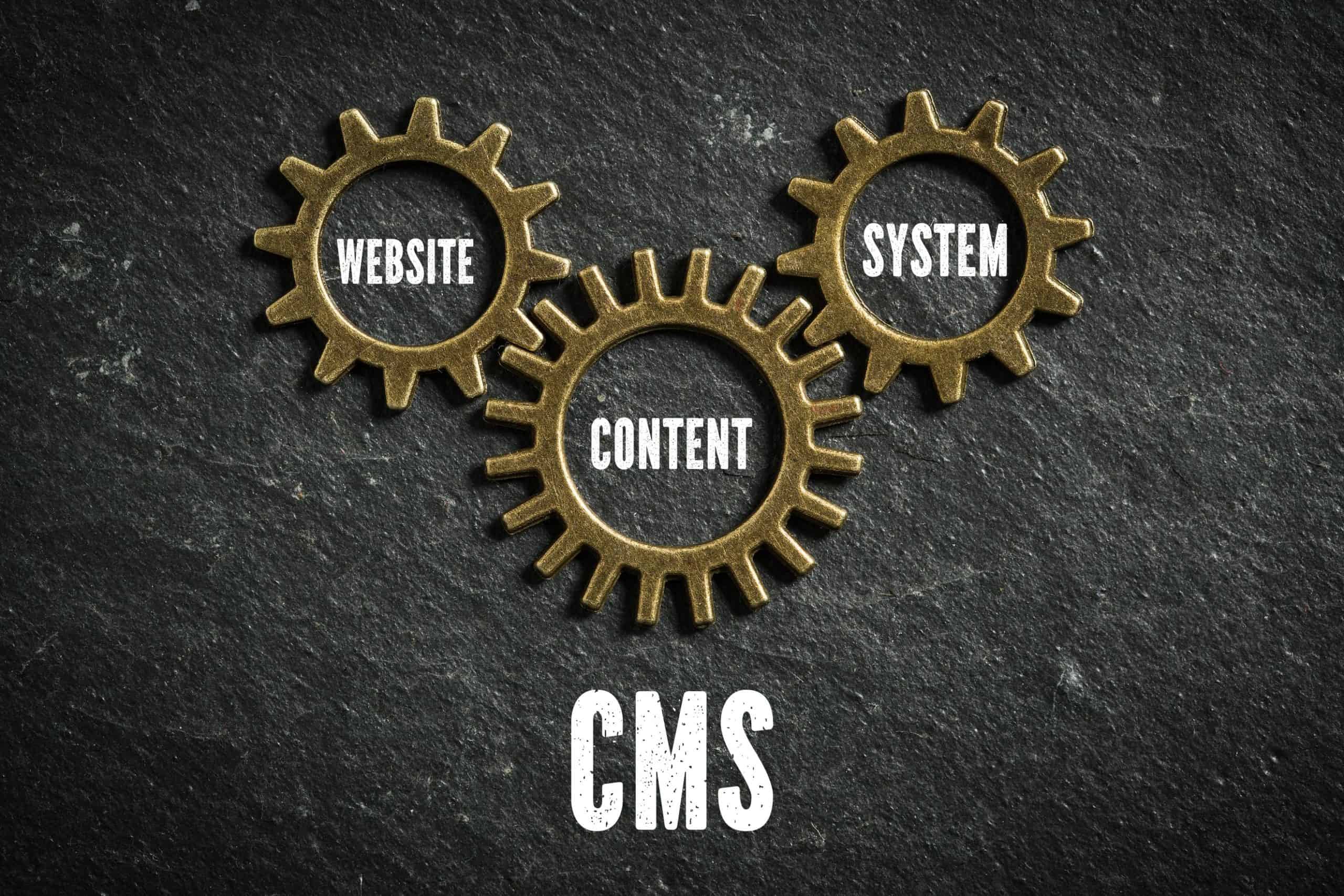 verzahnte Zahnräder mit der Aufschrift: "Website", "Content", "System" und der Bildunterschrift "CMS"
