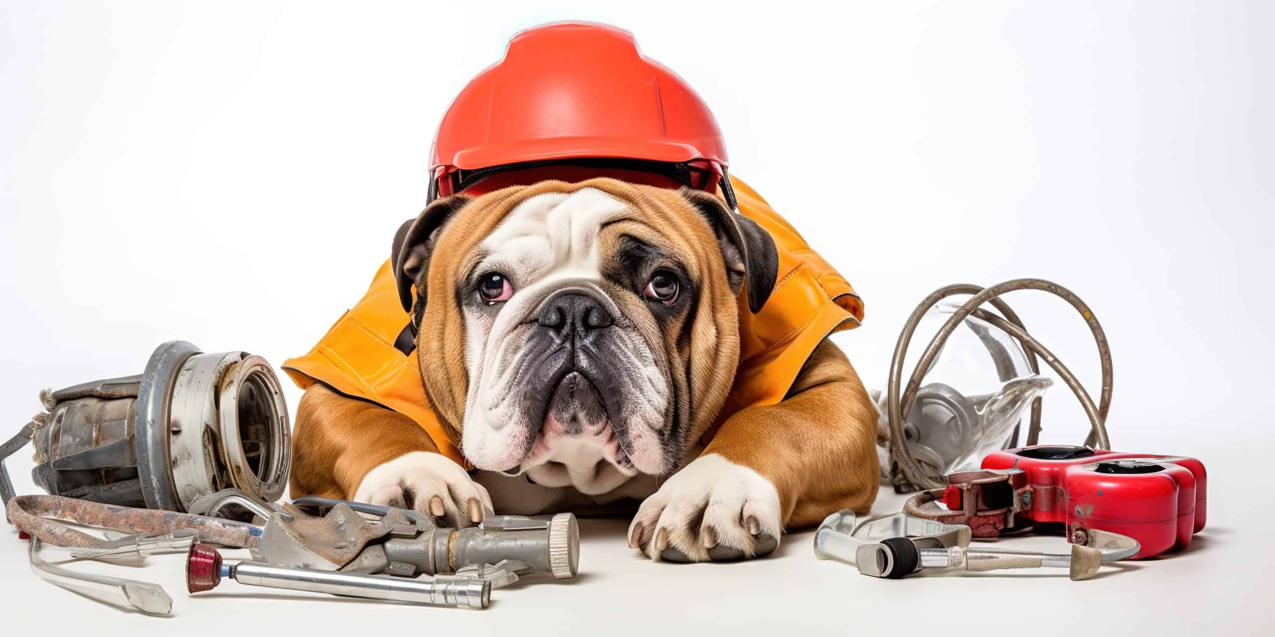 Bulldogge mit Helm, Schutzweste und Bauteilen