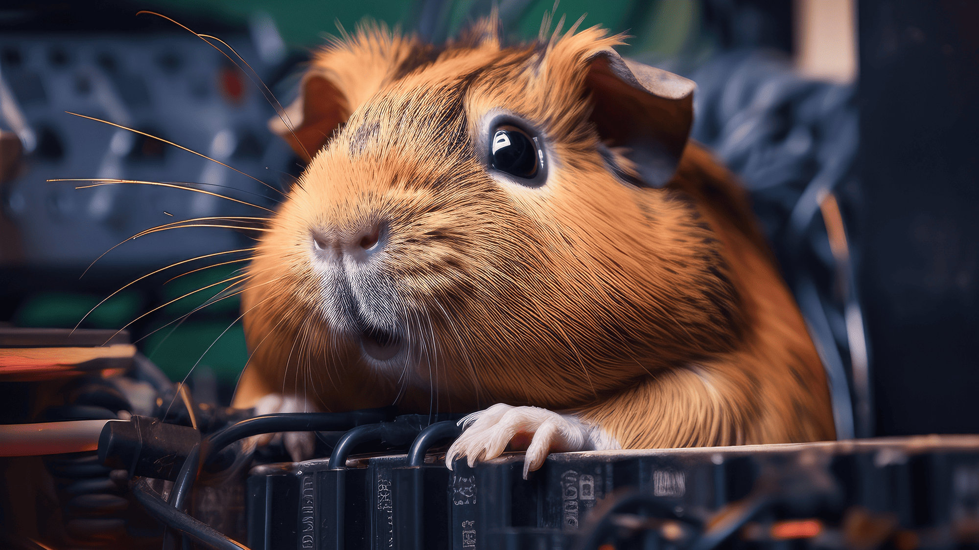 Hamster auf Elektronik sitzend