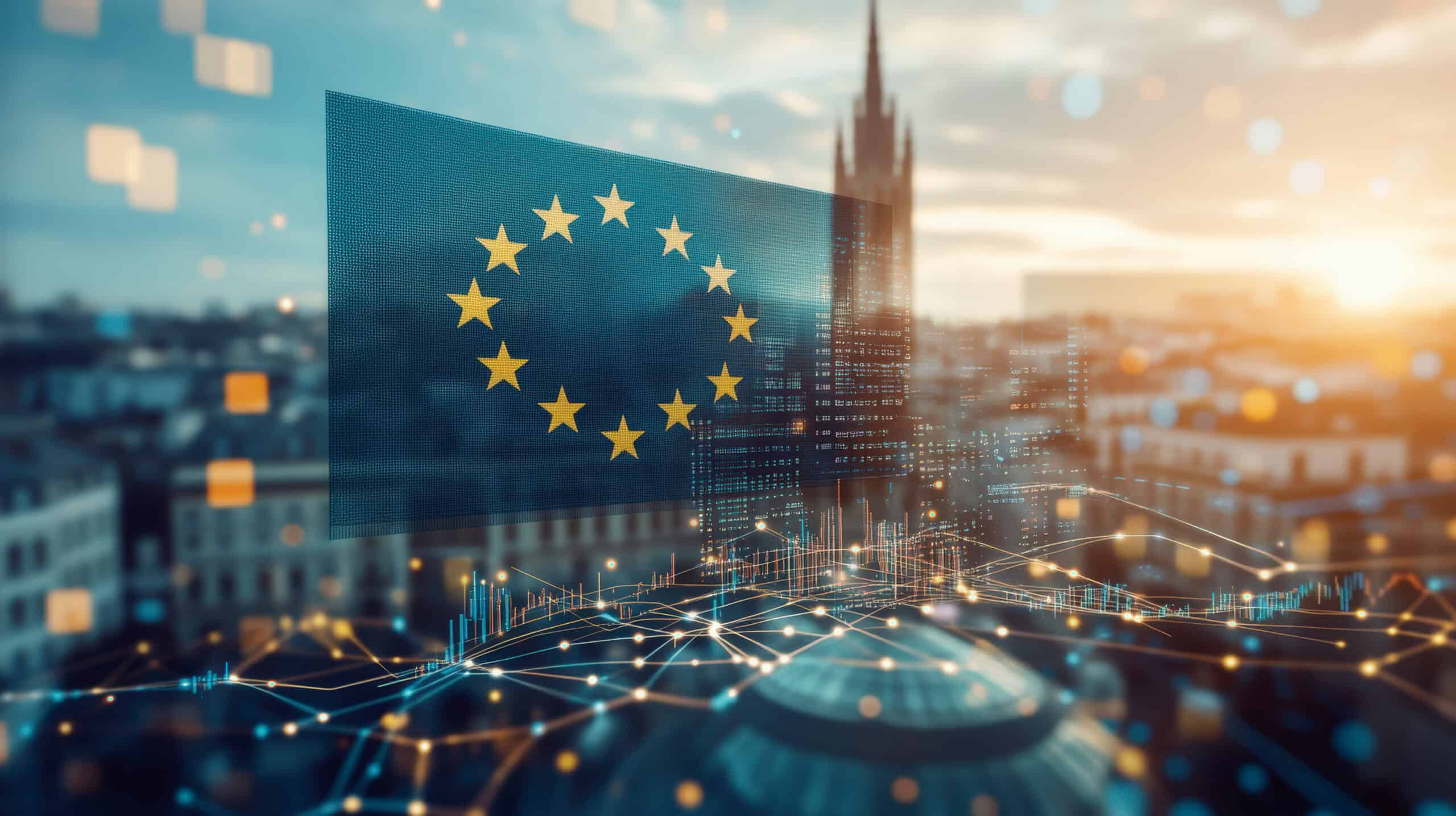 European Union Fahne Die Europäische Fahne schwebt transparent vor einer Großstadt, darunter sieht man ein Netz aus miteinander verbundenen Punkten in gelb-gold.