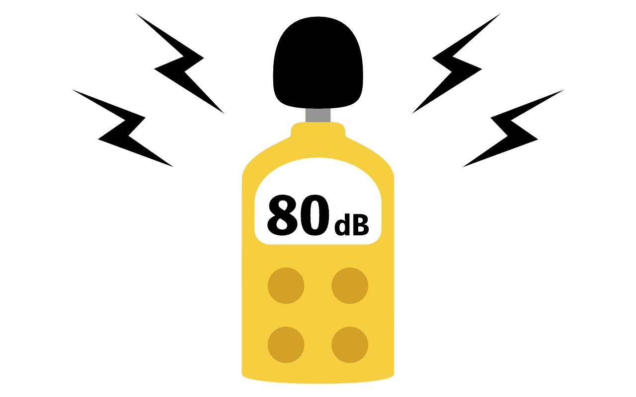 Schallpegelmessgerät Illustration eines gelben Schallmessgeräts, welches mit 80 dB ausschlägt.