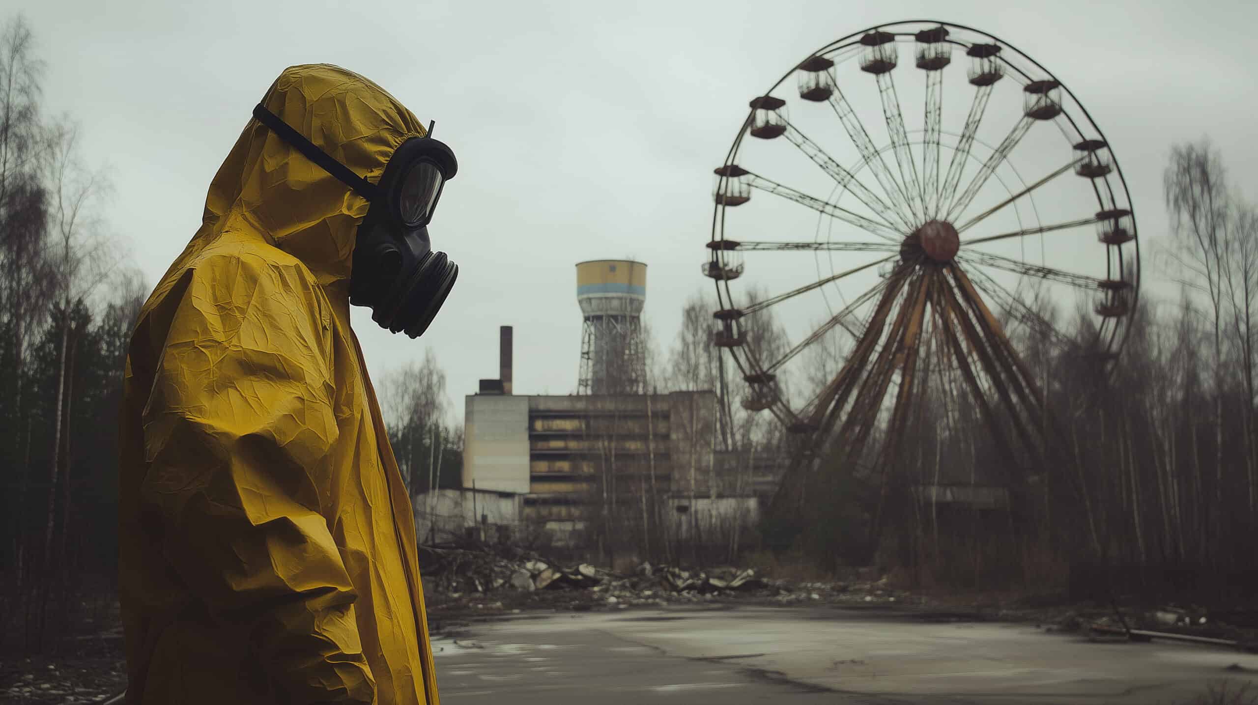 Person im linken Bildrand mit gelbem Schutzanzug und Gasmaske, im Hintergrund ein verwittertes Riesenrad, vermutlich eine Szene in Tschernobyl