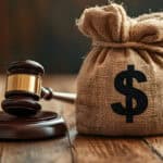 Jutebeutel mit Dollar-Aufdruck und Richterhammer mit Resonanzblock auf einem Holztisch vor dunklem Hintergrund.