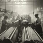 Mehrere Frauen arbeiten an großen, dampfbetriebenen Maschinen in einer Textilfabrik zur Zeit der industriellen Revolution.