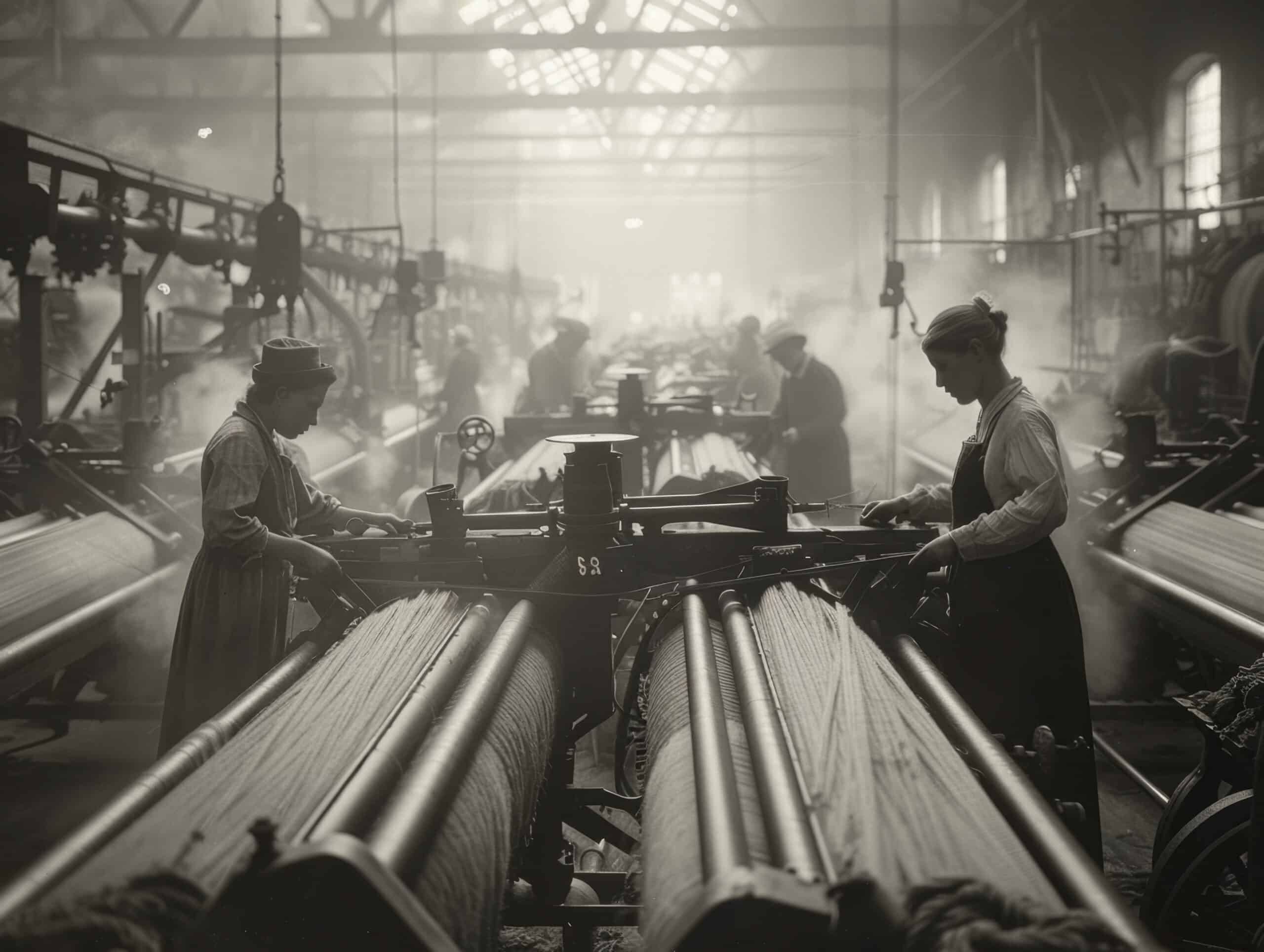 Mehrere Frauen arbeiten an großen, dampfbetriebenen Maschinen in einer Textilfabrik zur Zeit der industriellen Revolution.
