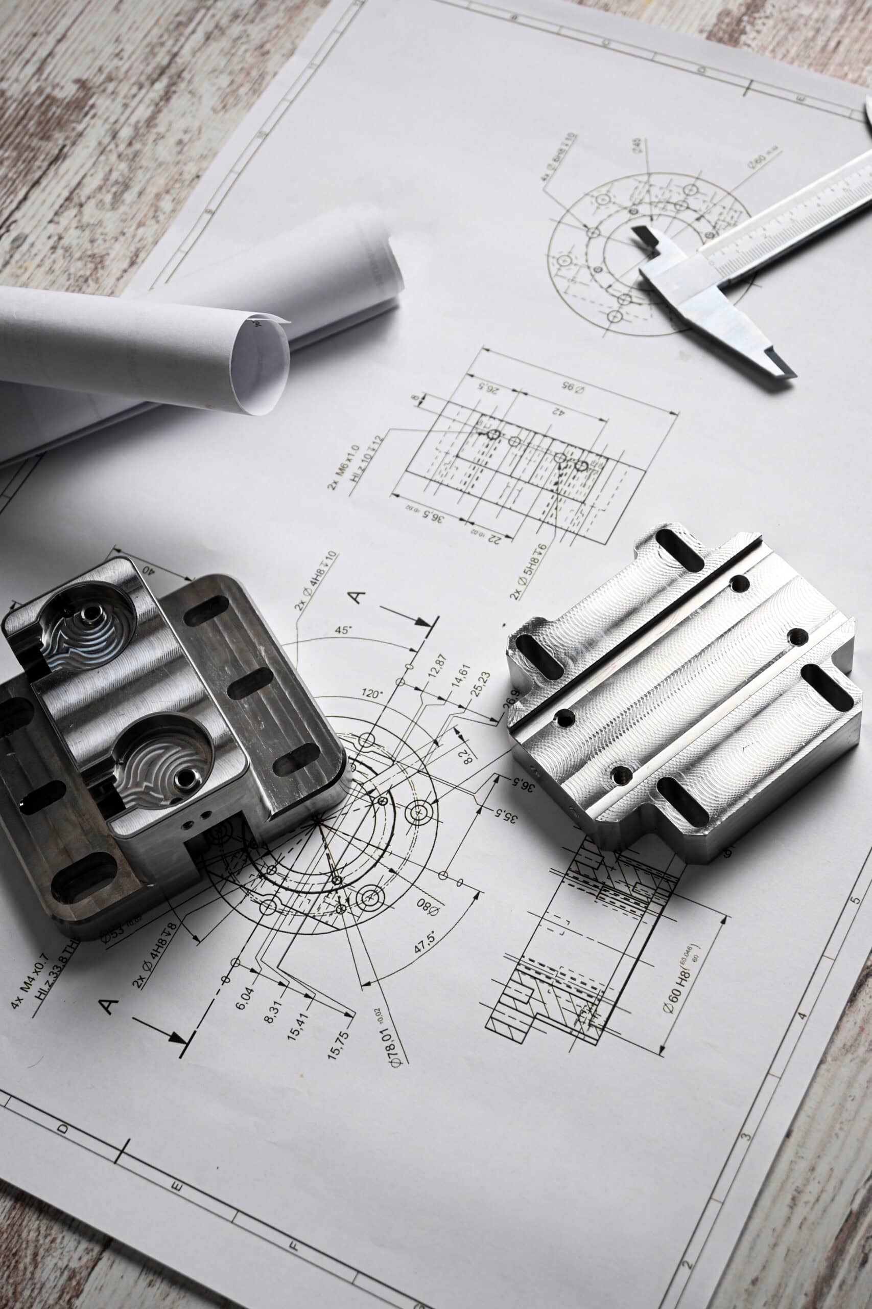 Technische Zeichnung mit Werkstücken Auf einem Tisch liegt eine Technische Zeichnung mit einem Messschieber und 2 kleinen Werkstücken.