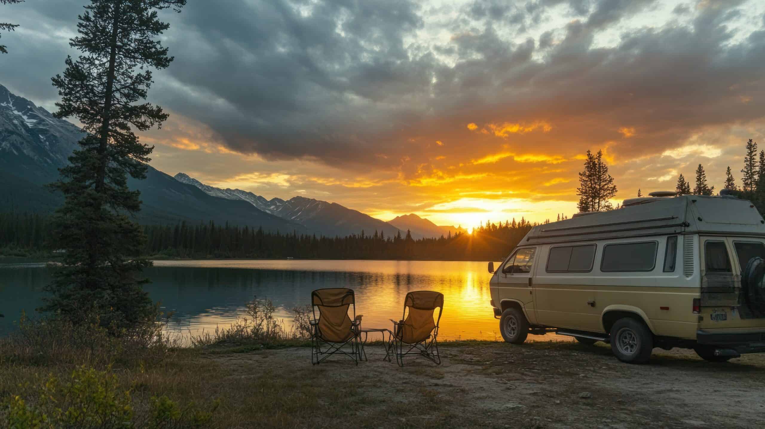 Ein Camper steht an einem See im Wald. Daneben stehen zwei Klappstühle und zusehen ist der Sonnenuntergang mit Wolken am Himmel.