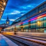 Blick vom Bahnsteig auf die Gleise am Bahnhof Marseille Saint Charles mit Abendhimmel und Kirchturm im Hintergrund.