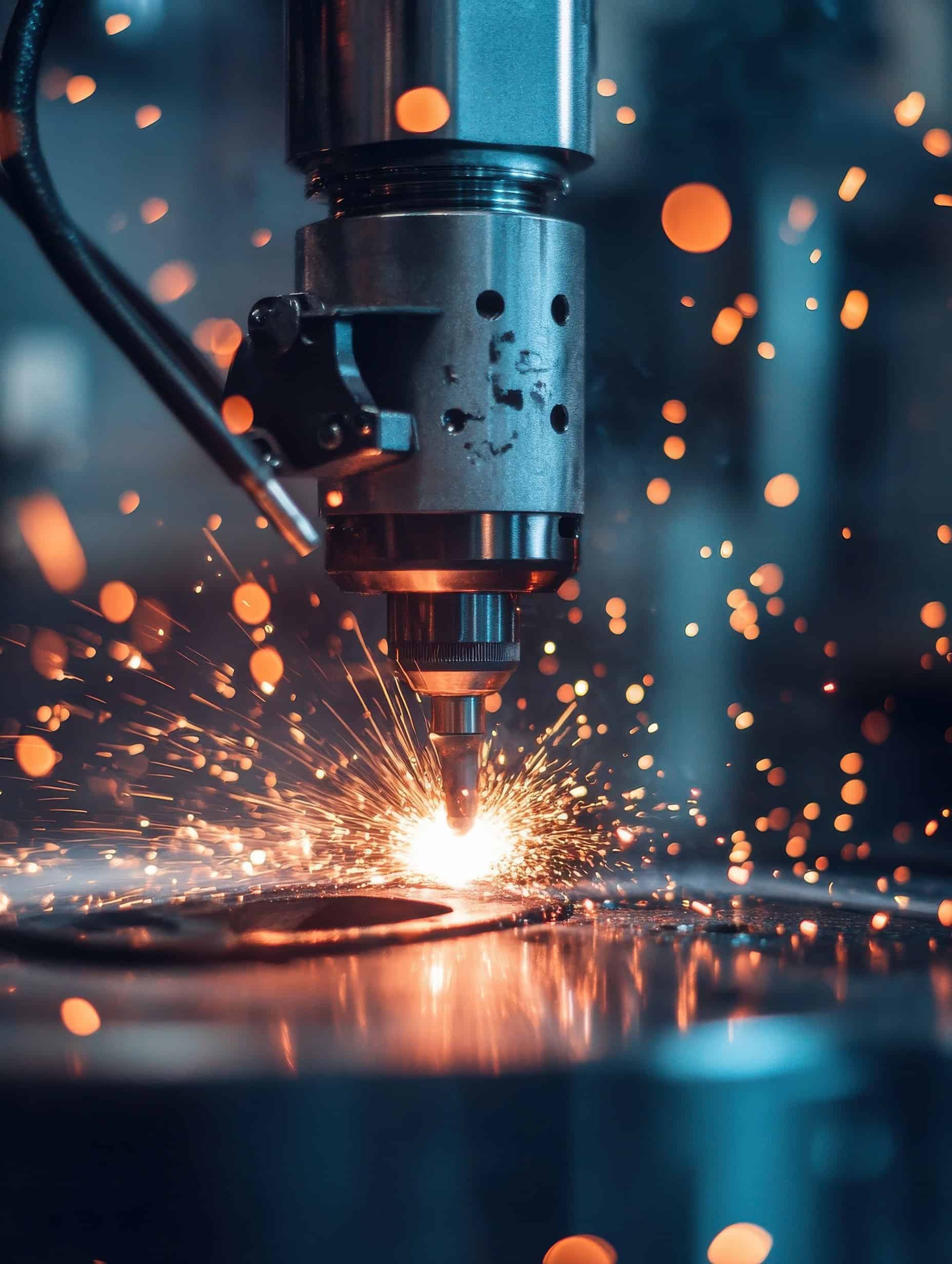Nahaufnahme Plasmaspritzpistole Nahaufnahme einer Funken sprühenden Plasmaspritzpistole, die eine Metallplatte bearbeitet.