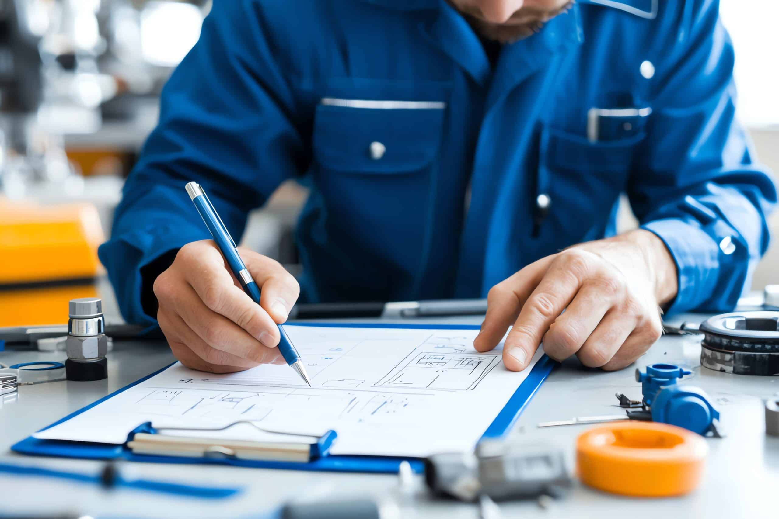 Ein Mann in blauer Uniform steht an einem Werkstatttisch und zeichnet mit einem Stift auf ein weises Blatt in einem Klemmbrett.