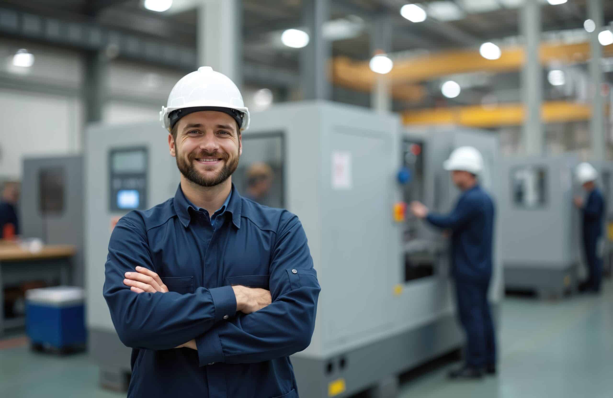 Lächelnder Ingenieur vor CNC-Maschinen Lächelnder Mann mit verschränkten Armen steht in einer Halle mit CNC-Maschinen. Im Hintergrund stehen 2 weitere Männer an den arbeitenden Maschinen. Alle tragen einen Blaumann und weißen Helm.