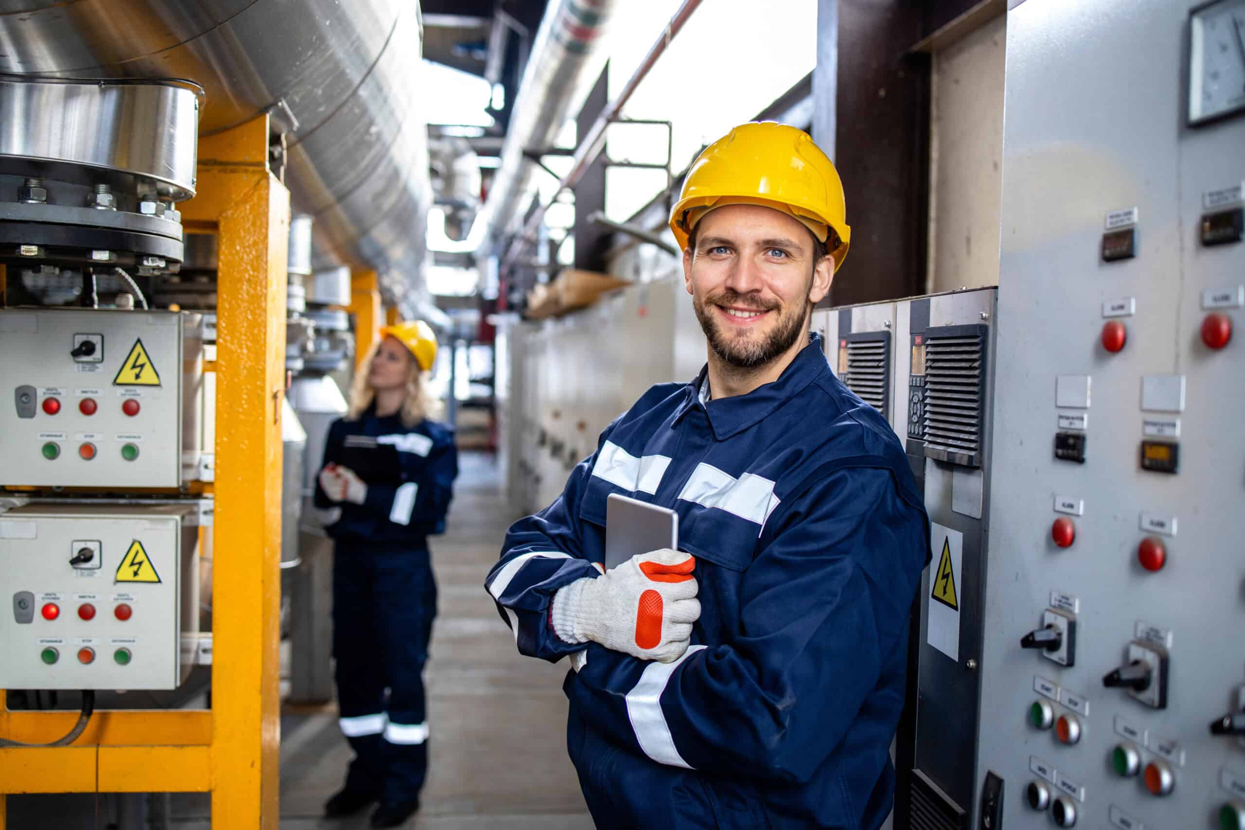 Elektriker im Hochspannungsraum Im Vordergrund steht ein lächelnder Elektriker im Blaumann und gelben Helm in einem Raum mit vielen Hochspannungs-Stromkästen und Schaltern. Im Hintergrund steht eine Frau, die das Gleiche trägt.