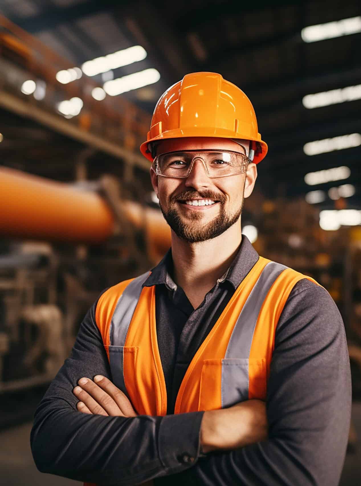 Ein Mann mit Bart trägt eine orangene Warnweste, einen orangen Helm und Schutzbrille. Er steht in einer Fabrik, hat die Arme verschränkt und lächelt.