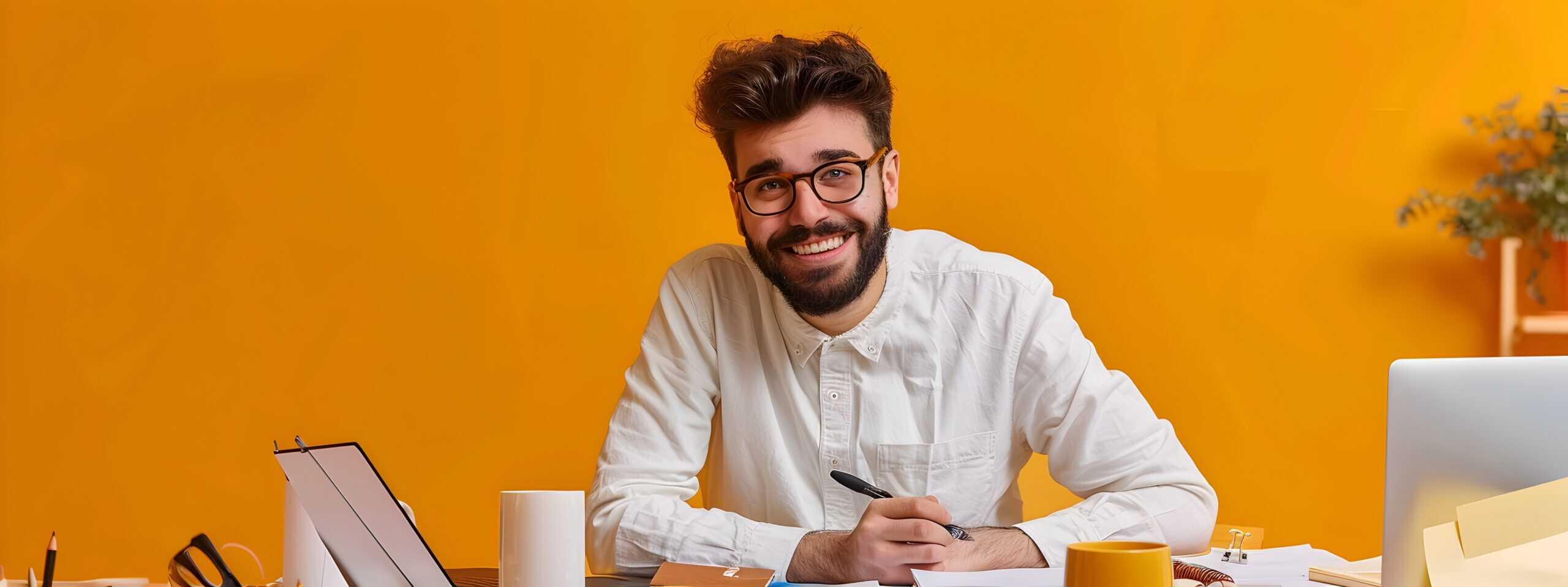 Ein junger Mann im weißen Hemd sitzt an einem Tisch mit vielen Dingen drauf vor einer orangenen Wand.