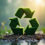 Eine Recyclinglogo-Animation aus Moos in einem Wald mit durchscheinender Sonne