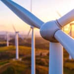 Nahaufnahme einer Windradturbine in einem Windpark auf einem Hügel in der Abendsonne