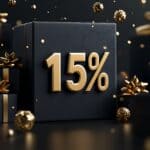 Geschenke in schwarzem Geschenkpapier mit goldenen Schleifen stehen auf einem schwarzen Tisch mit schwarzem Hintergrund. Auf einem Geschenk stehen groß 15 % in goldener Schrift drauf
